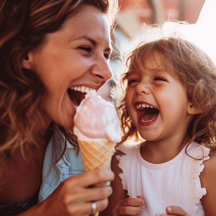 single mother and daughter eating ice cream outdoors on a summer mother and daughter eating ice cream outdoors on a summer